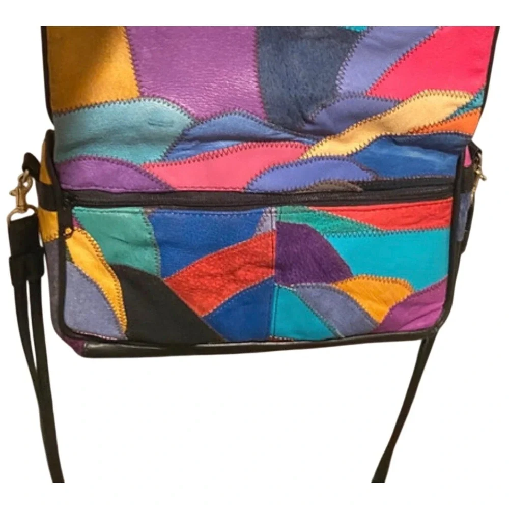 Vtg Style Multicolor Patchwork Leather Suede Crossbody Shoulder Bag Zipper‎ Reto